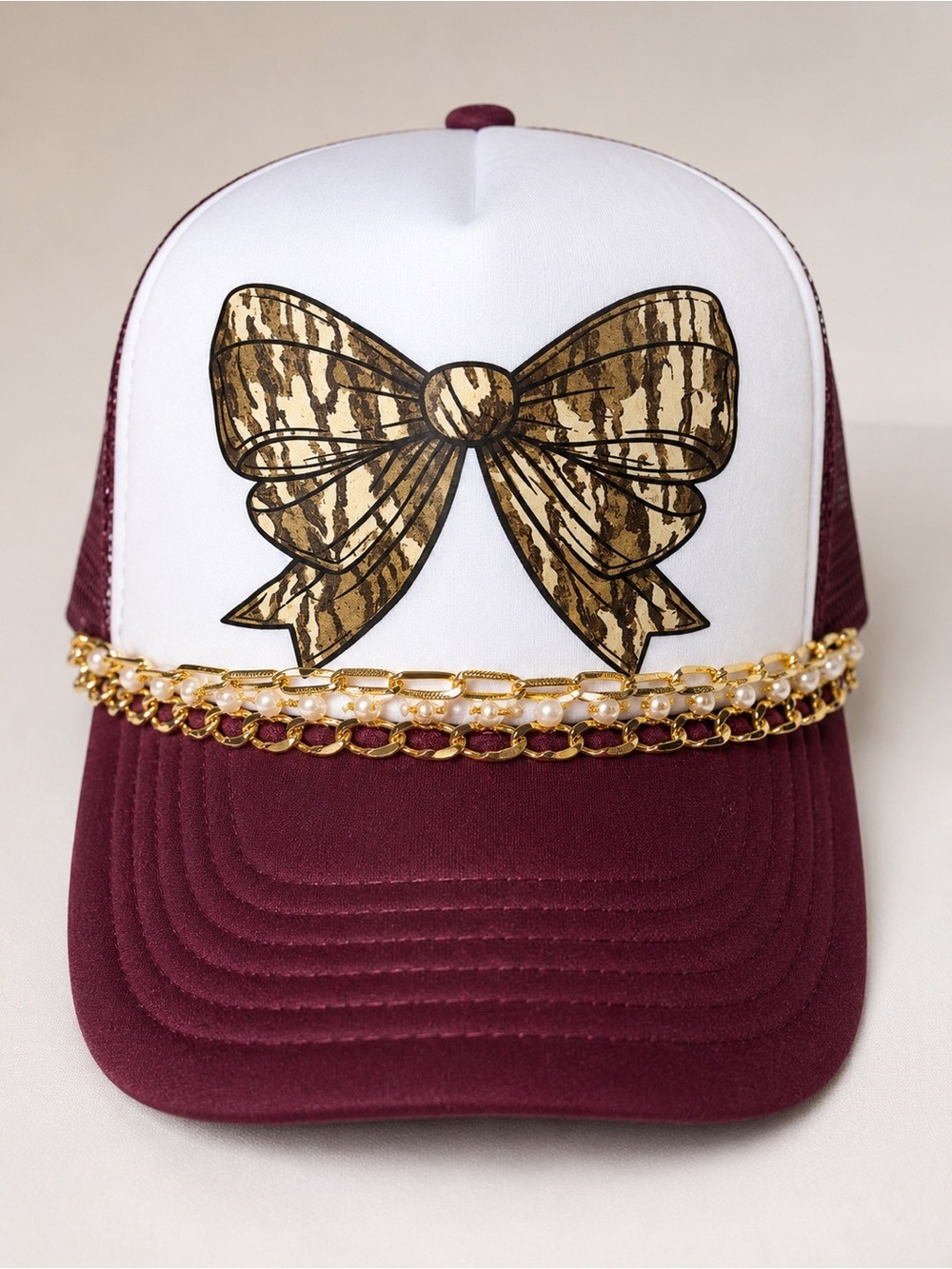 Coquette Camo Bow Burgundy Trucker Hat Pearl Gold Chain Snapback